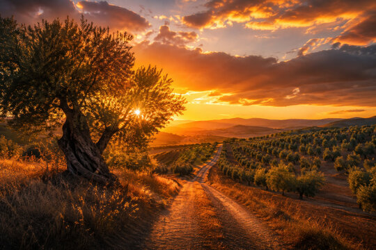 Ancient Olive Tree at Golden Sunset