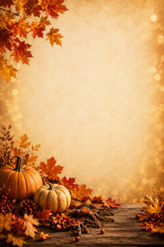 Fall Season Background, Orange Leaves and Warm Golden Bokeh