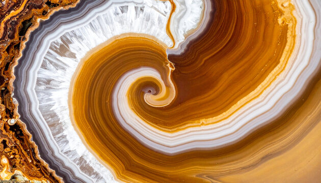 Macro cross-section of a natural agate crystal slice revealing a stunning spiral formation with concentric banded layers of brown, tan, and white quartz, perfect for luxury gemstone backgrounds.