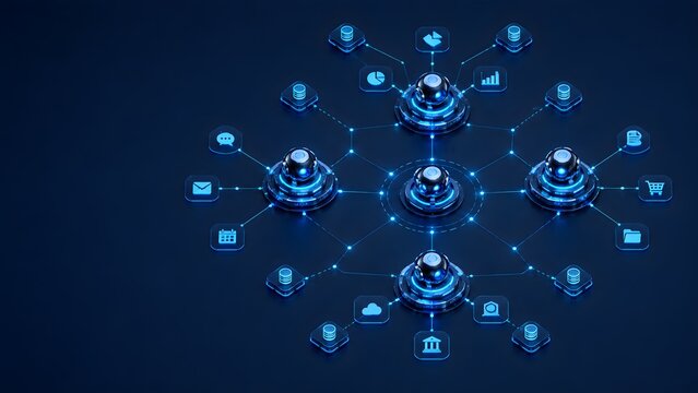 Centralized servers connect to various digital service icons illustrating data flow and networking concepts 3d rendered.