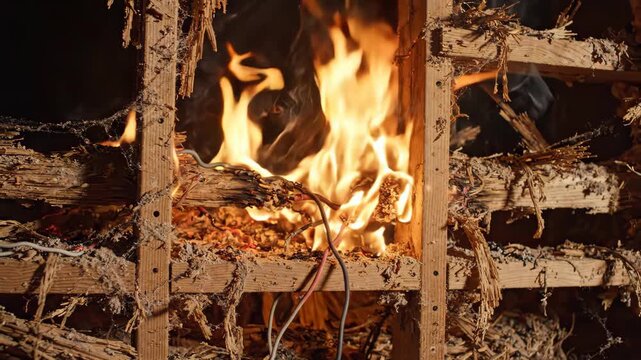 Electrical fire burning wire wood frame house wall short circuit spark smoke flame safety hazard construction danger explosion flying ember damage