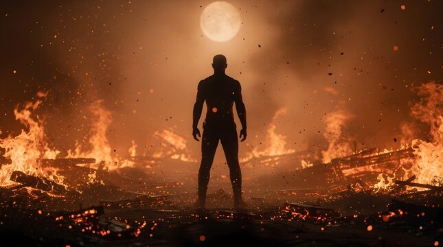 Silhouette of a man standing amidst a burning landscape under a full moon.