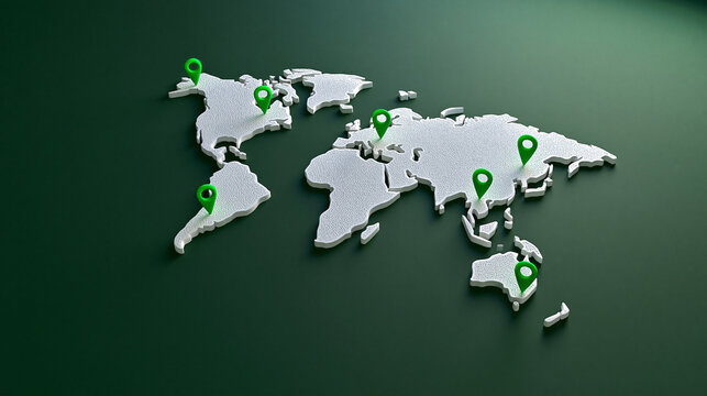 A 3D map of the world features multiple green location markers on continents. Global business reach and international shipping concept.