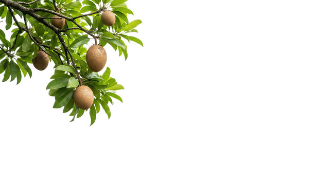 Fresh sapodilla fruits hanging on tree branch isolated on transparent background