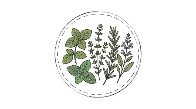 Round herbal badge with various culinary garden herbs.