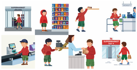 Fototapeta premium Vector illustration set of a young boy shopping at a supermarket from entry to checkout and exit