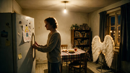 Naklejka premium Man opens an old refrigerator beside a child's drawing and mounted angel wings.