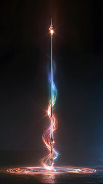 Norse myth heimdall abstract light effect, vertical silver pillar, spiraling rainbow bands, glowing horn outline, nine layered halos symbolizing realms, solemn vigilant guardian asset for poster, pack