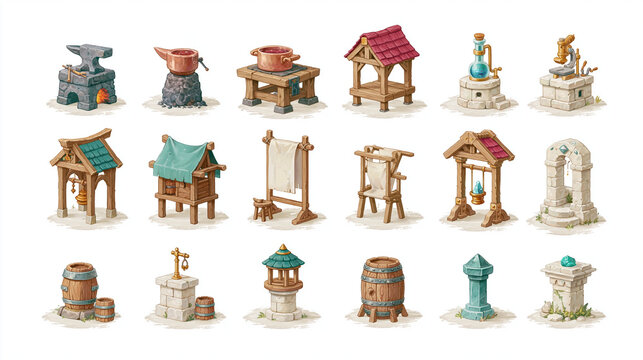 Colorful medieval RPG game assets featuring various crafting and storage structures.