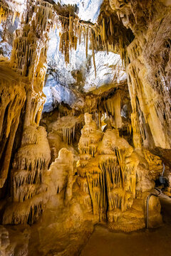 Illuminated limestone shields and formations in Lehman Caves