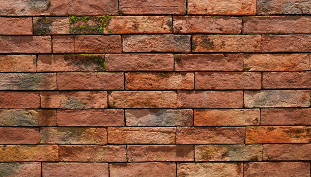 Rustic Red Brick Wall Texture with Weathered Details and Moss, Old Brickwork Background for Architectural and Design Copy Space