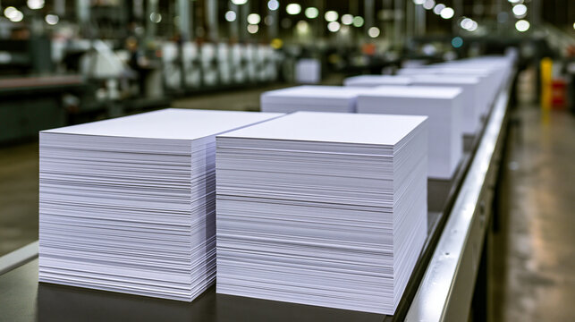 Stacks of white paper sheets moving along an industrial conveyor belt in a large print facility. Concept for commercial printing and paper production processes.
