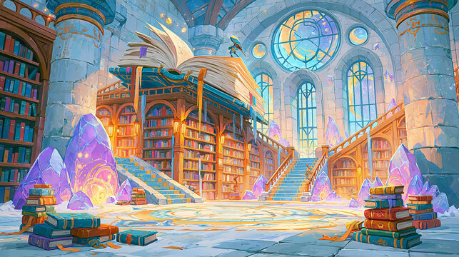 Magical library with a giant open book, glowing crystals, and enchanting architecture.