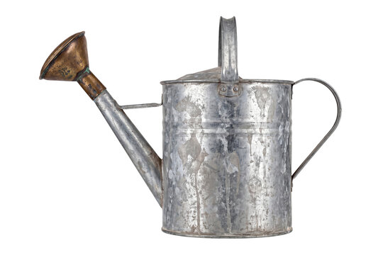 Old galvanized metal watering can isolated on a white and transparent background. Gardening equipment.