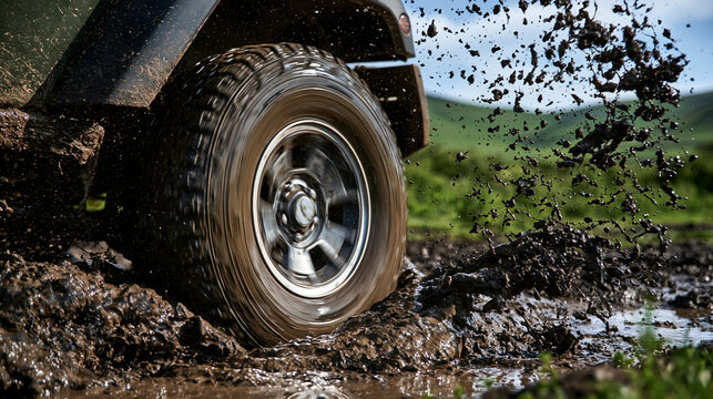 An off-road vehicle tire splashes mud while driving through a rugged, grassy landscape. Perfect for adventure, extreme sports, and travel automotive advertising.