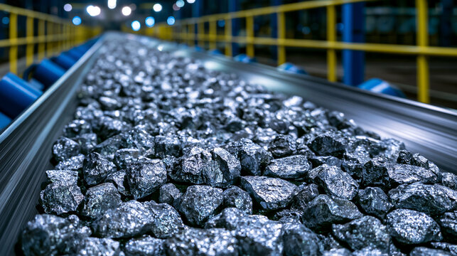 Raw iron ore minerals moving along an industrial conveyor belt in a processing plant. This captures the essence of global mining and raw material supply.
