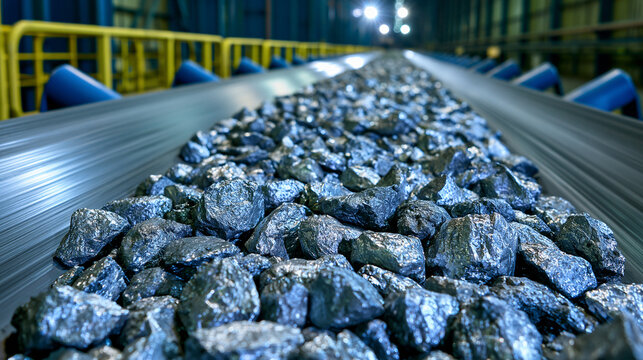 Raw iron ore minerals move along a dark industrial conveyor belt in a processing plant. Heavy industry production concept for mining or manufacturing advertisements.