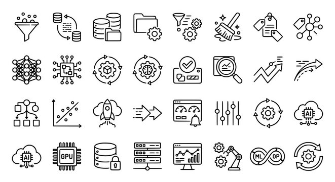 Machine learning workflow linear icon collection with data training validation prediction and deployment