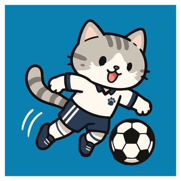 Cute gray and white cat dribbling a soccer ball while running forward. Energetic cartoon sports character vector illustration.