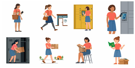 Fototapeta premium Collection of illustrations featuring a young woman using an automated parcel locker and package pickup service for online shopping