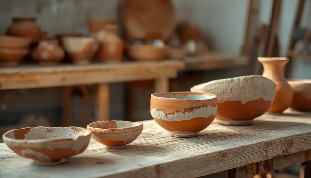 Handmade ceramic bowls and clay pottery objects are displayed on a rustic wooden bench inside an artisan craft studio workshop.