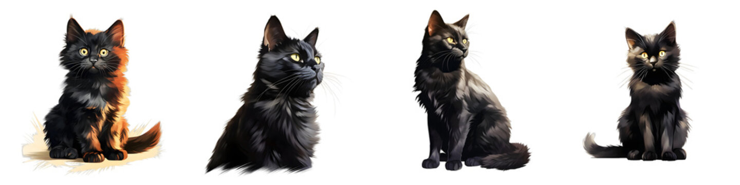 Digital illustration of four adorable cats sitting and looking in different directions