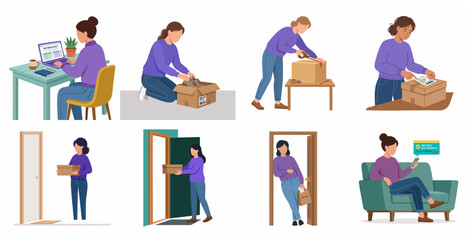 Fototapeta premium Complete Product Return and Refund Process Steps for Online Shopping Flat Vector Illustration Set