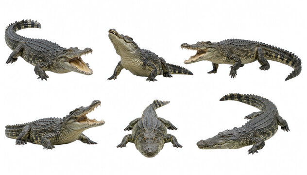 The crocodiles are depicted in various poses, showcasing their natural behavior in the wild. Created using AI.