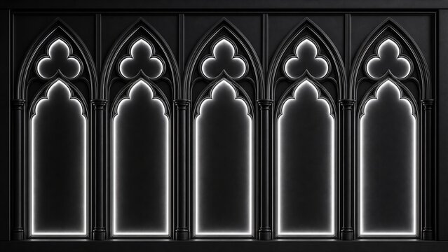 Matte black gothic arch wall paneling, 3D wallpaper sticker or wall sticker with pointed arches