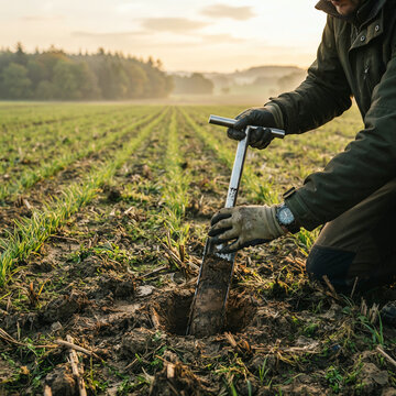Person kneeling in agricultural field extracting a soil core sample with a manual coring tool