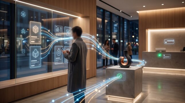 Person interacting with interactive smart glass wall display in modern corporate lobby