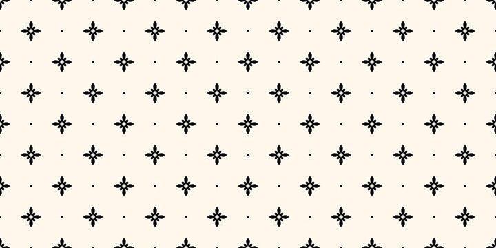 Geometric floral seamless pattern. Simple black flowers on a cream background. Seamless black floral star pattern on beige background. Repeatable abstract graphic for design, texture, or wallpaper.