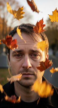 Close up portrait of grieving man with sad eyes looking at camera through falling orange autumn leaves in cemetery