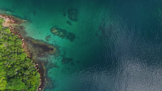Aerial top down view of the calm and green lagoon with crystal clear water near the island of Ilha Grande, Brazil