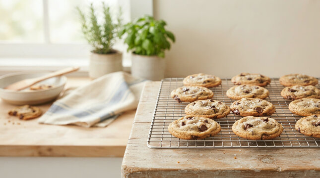 Wire rack holds chocolate chip cookies beside dough and a striped towel on a wooden table