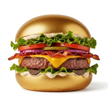 A luxurious golden hamburger featuring a metallic gold bun and premium ingredients, isolated against a plain white background for design, sculpture, lettuce, menu