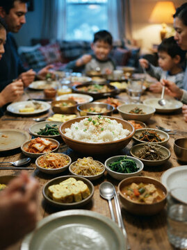 Family gathered around a long wooden table sharing a meal of rice and kimchi