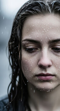 Close up portrait of sad young woman with wet hair and water droplets on skin standing under falling rain with downcast eyes