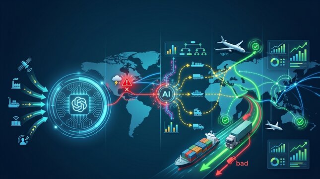 AI logistics and global supply chain management visualization on world map