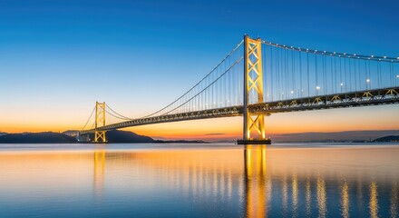 Naklejka premium A majestic suspension bridge stretches across a calm river at twilight, illuminated by golden lights that reflect beautifully on the water, engineering, illumination, lights