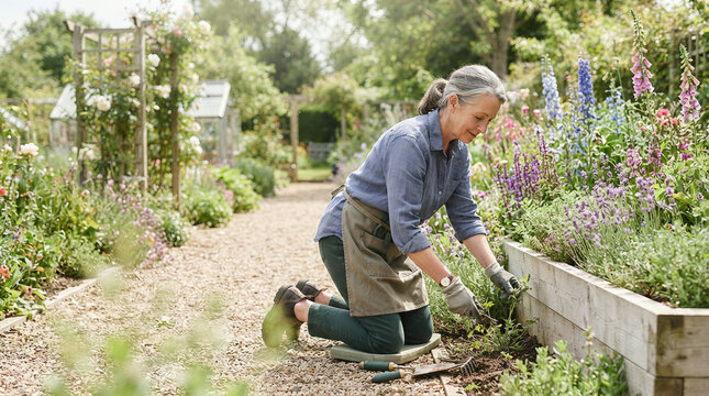 Woman tending flowering plants in a garden bed near a rose covered trellis