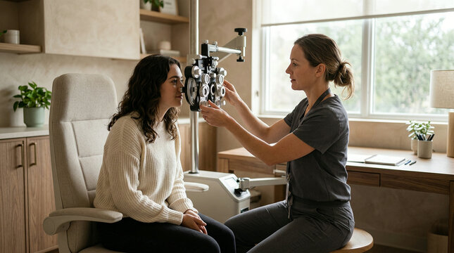 Optometrist examines a patient's eyes using an ophthalmoscope in a wood-paneled office