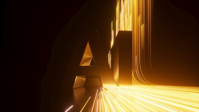 Neon trails sweep over AI letters with bright golden glow. This video loop feels like a high tech digital activation. 3d render motion.
