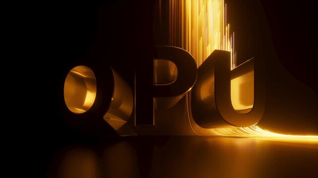 Golden neon lines fly across dark screen to illuminate QPU word. The glowing effect creates futuristic vibe. 3d render motion.