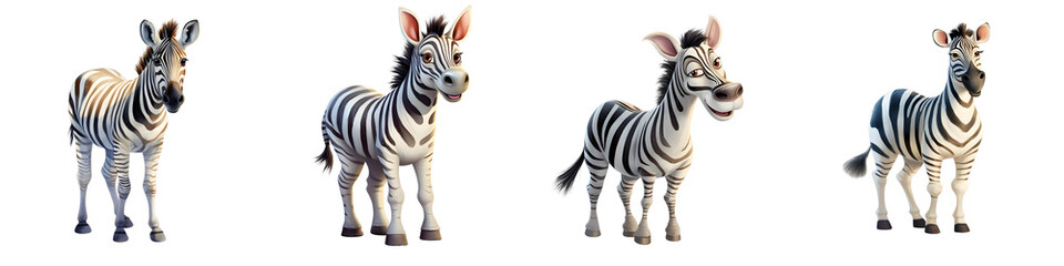Naklejka premium Four cartoon zebras are standing next to each other on a black backdrop