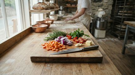 Obraz premium A wooden cutting board with chopped vegetables and a knife sits near a bakery window