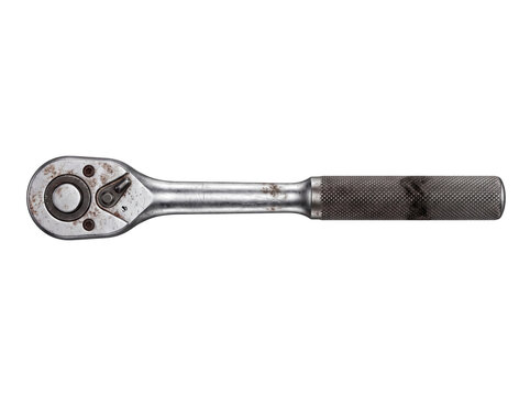 Metal socket wrench isolated on a white and transparent background. Mechanic hand tool close-up.