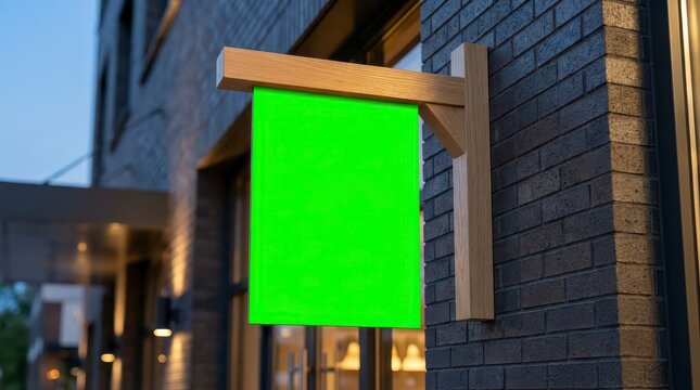 Blank Green Sign Hanging on Wooden Bracket Outside Modern Urban Building in the Evening