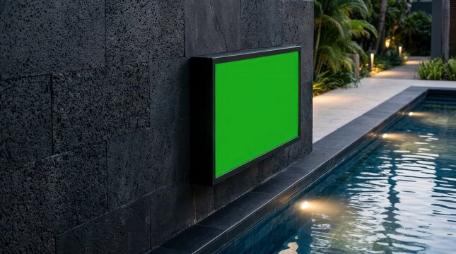 Modern Green Display Screen Installed Beside Calm Swimming Pool in a Luxurious Outdoor Setting