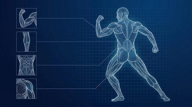 Man anatomy blueprint showing muscular system and body structure. Digital medical illustration of male physique for exercise science. Healthcare education and training planning concept.